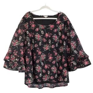 Est. 1946 Womens Black Red Print Rose Sheer Lining Pullover Blouse Boho